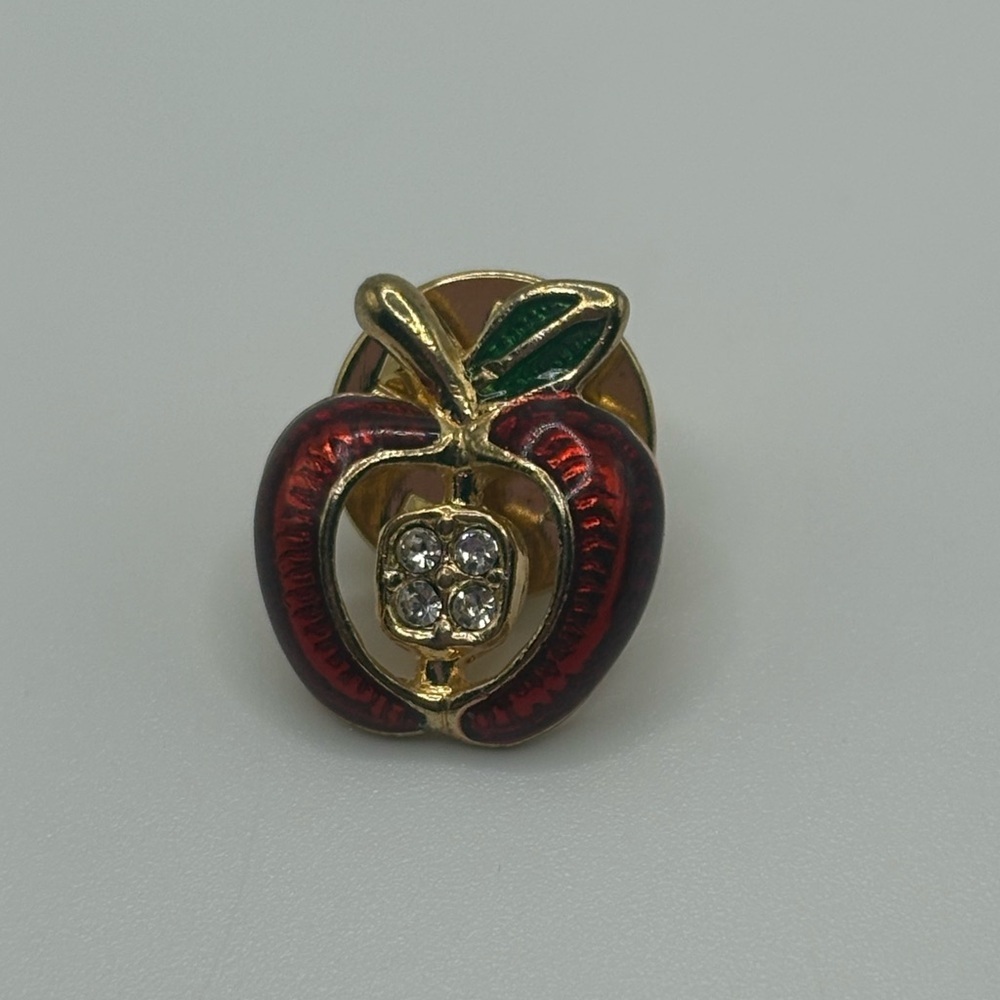 Vintage Red Apple Open Center Clear Jewels Lapel Pin Teach Gift Gold Toned
